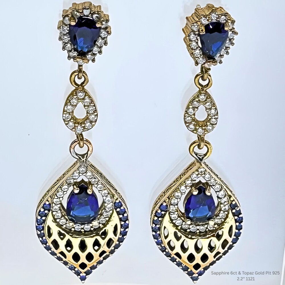 Handmade Natural Blue Sapphire White Topaz Drop Earrings Gold Plated 925 2.2"